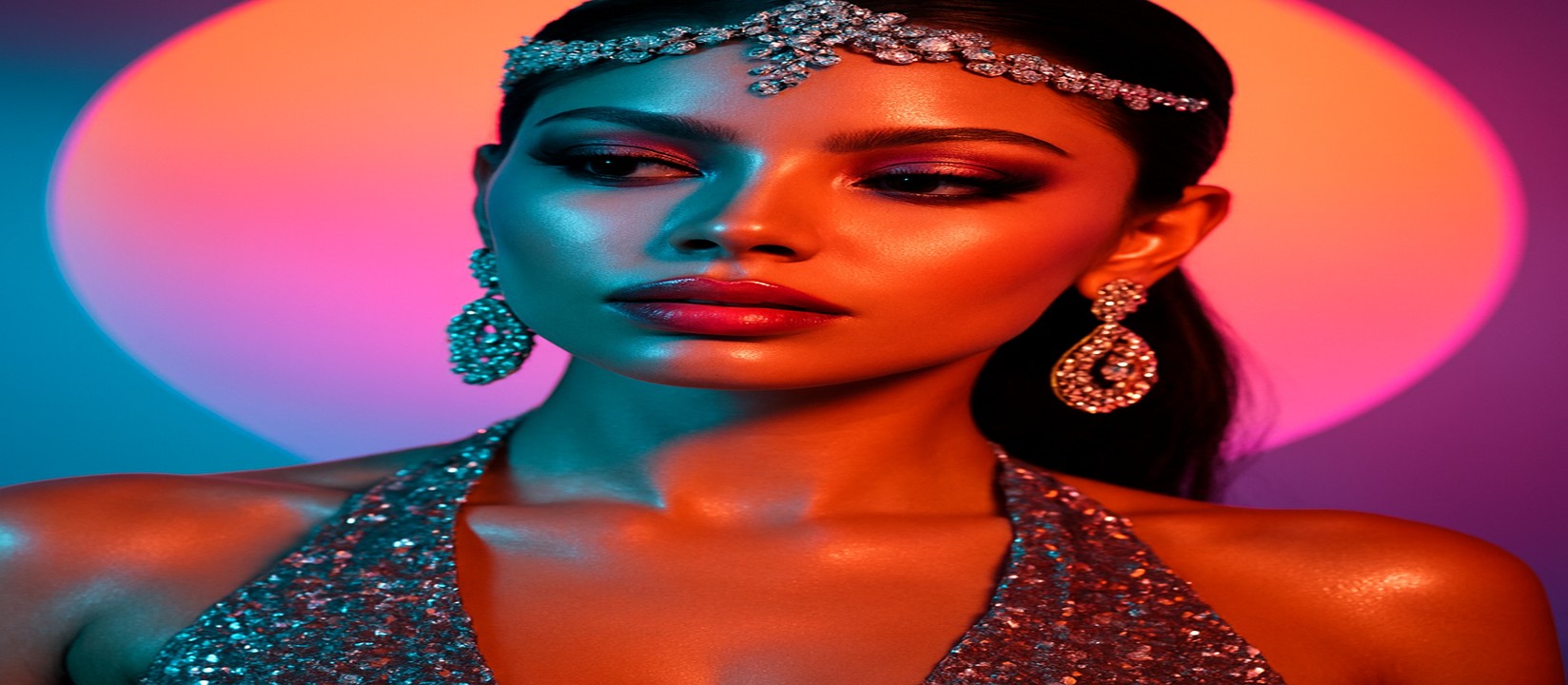 একজন সিকুইন পোশাক পরা নারী talabat গেমিং প্ল্যাটফর্মের উজ্জ্বল রঙের চাকার সামনে ভঙ্গিমা দিচ্ছেন।
